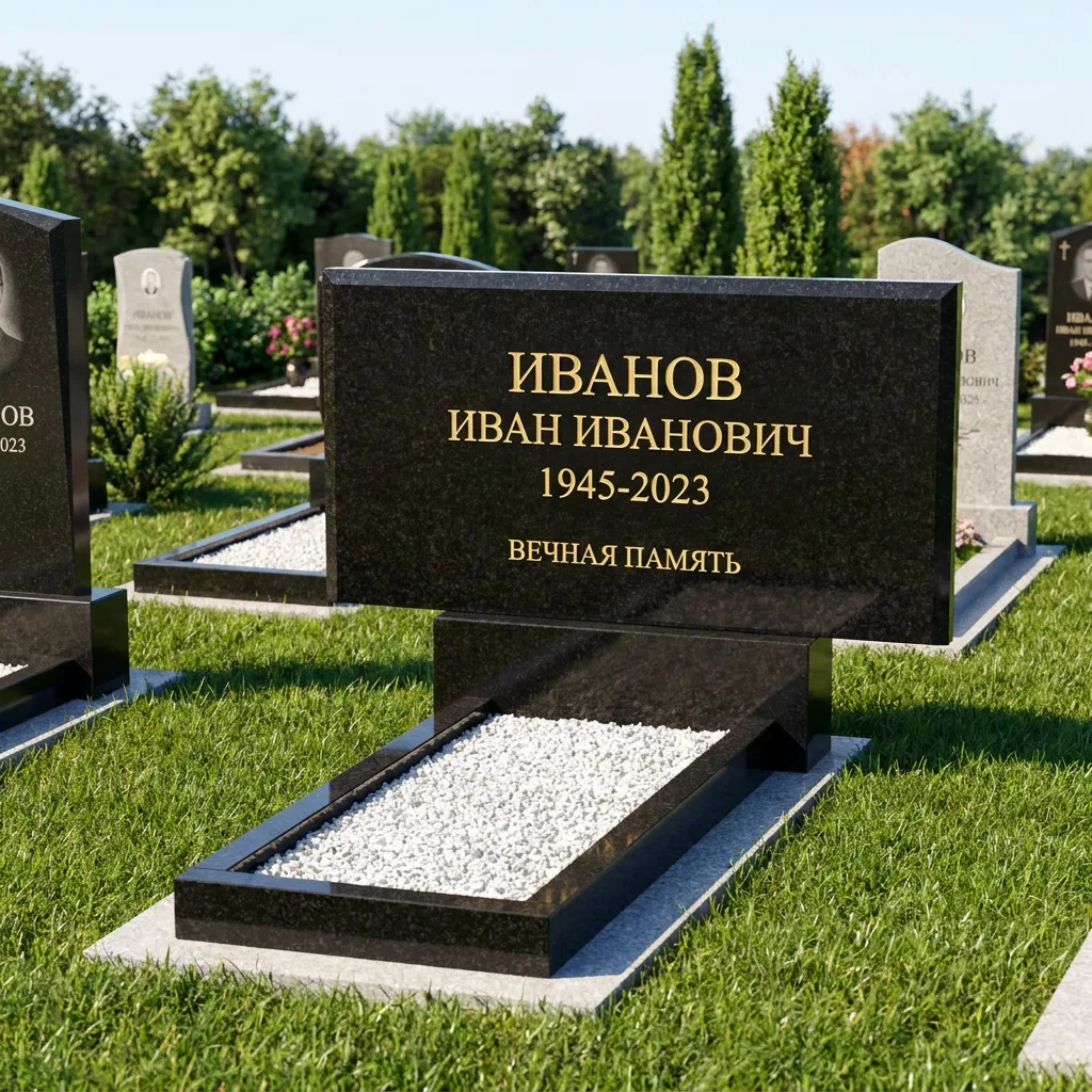 Двойной прямой памятник с общей стелой из гранита на двоих