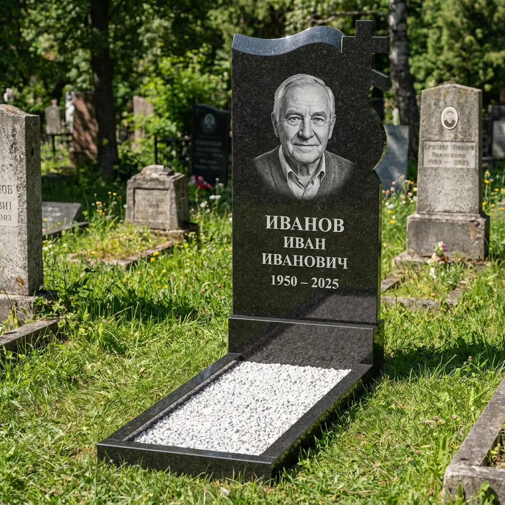 Одиночный памятник с крестом из чёрного гранита